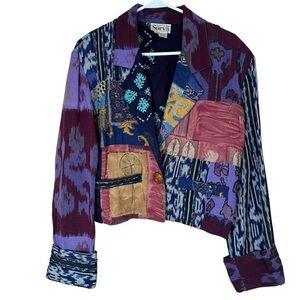 VTG Surya Patchwork Beaded Jacket Wmns Crop Retro Purple Sz L Grunge Boho Hippie